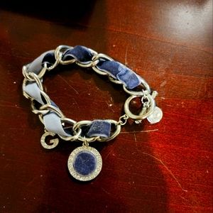 Guess blue felt charm link silver bracelet w/rhinestones